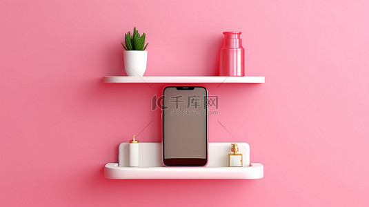 粉红色墙架上垂直显示的手机 3D 插图