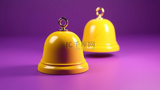 新通知提醒两个黄色铃声在紫色背景上的 3D 插图中响起