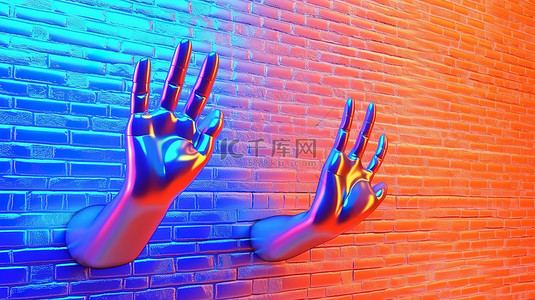 紊乱背景图片_超现实 3D 图像中的铬手从墙上具体化
