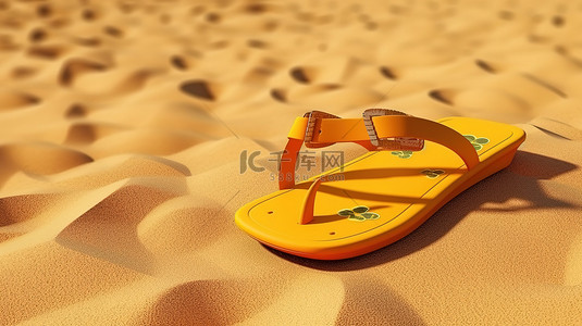 字太阳背景图片_带有人字拖凉鞋的黄色沙滩的 3D 渲染