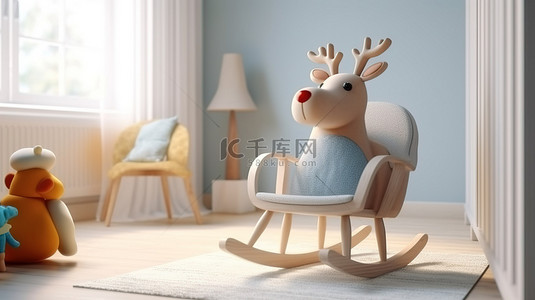 儿童房间或客厅摇椅上驯鹿的 3D 渲染