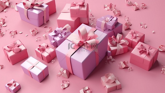 粉红色主题的顶视图礼盒，用于庆祝生日的 3D 渲染