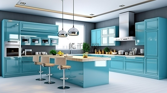 蓝色 3d 渲染的优雅岛厨房