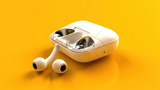 黄色背景突出白色 3D 渲染无线耳机