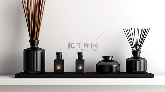 木火背景图片_芳香疗法在木架上设置优雅的黑色香薰蜡烛和芦苇扩散器，与白色墙桌 3D 渲染相对应