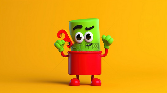 题框背景图片_绿色垃圾桶吉祥物的 3D 渲染，其回收符号周围环绕着黄色背景和红色问号