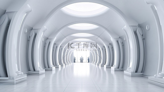 未来主义的白色圆柱大厅，令人惊叹的 3D 全景中引人注目的现代建筑设计