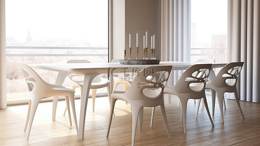 张大嘴笑隐患背景图片_宽敞的白色餐厅的令人惊叹的 3D 渲染，配有设计师椅子和一张大桌子