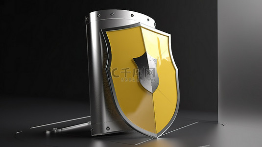 3D 渲染中的银色和黄色安全盾图标，用于钢防护罩概念