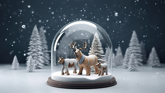 雪球的 3D 渲染，配有圣诞树和可爱的熊和驯鹿雕像，周围环绕着礼品盒
