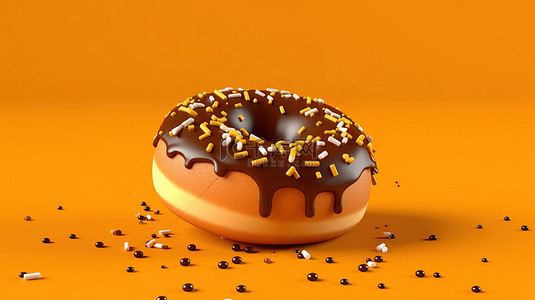吃蛋糕吃蛋糕背景图片_焦糖撒在甜甜圈顶部，与 3D 呈现的充满活力的橙色背景相映衬