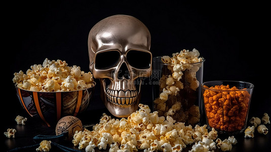 恐怖电影背景图片_黑色背景中的怪异电影体验骨架爆米花和 3D 眼镜