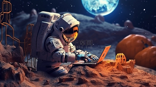 1 遥远星球上的太空殖民地的 3D 渲染，宇航员正在那里使用笔记本电脑进行科学研究