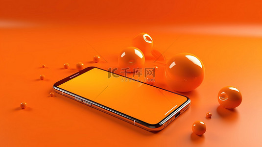 橙色背景的 3d 手机，上面悬停着聊天