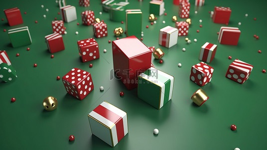 绿色圆点背景图片_红色白色和金色的礼品盒，装饰着丝带，漂浮在郁郁葱葱的绿色背景上令人愉悦的圆点图案上，庆祝圣诞节和新年