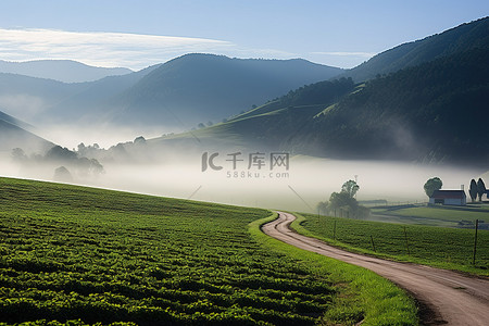 山里宝藏图背景图片_一条乡间小路通向山里的绿色田野