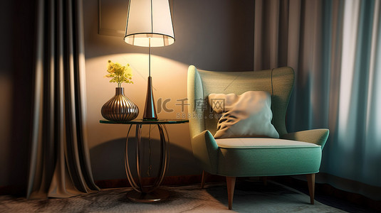 别致的装饰艺术酒店客房配有舒适的现代椅子桌子和灯 3D 渲染