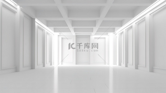 白色房间的时尚现代室内 3D 渲染，由微妙的温暖灯光照亮