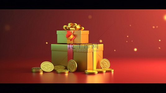 礼物金背景图片_标题 1 卡通风格 3d 礼品盒插图，硬币展示奖金捐赠和赚钱的概念