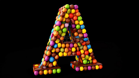 彩虹糖果片形成字母 a 和 3D 巧克力插图