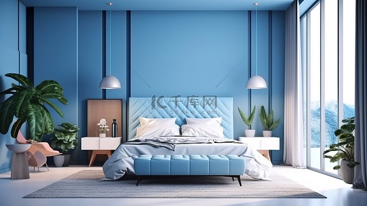 带床灯和当代建筑概念的美丽蓝色卧室的 3D 渲染