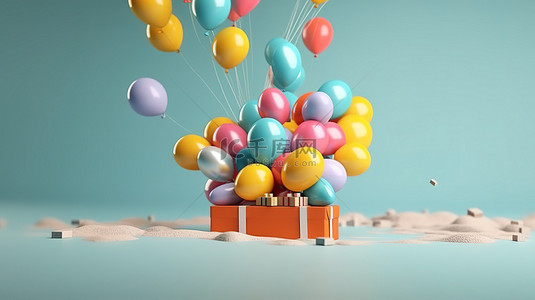 假日购物盛宴，配有浮动礼物和气球充足的复制空间 3D 渲染
