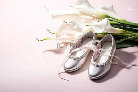 白色表面的芭蕾平底鞋和马蹄莲