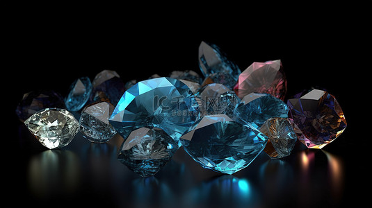 钻石黑金背景图片_黑暗中 3D 渲染中的发光宝石和钻石