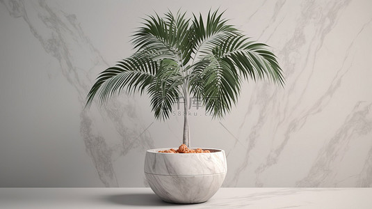大理石盆中的棕榈树 3D 渲染，叶子悬垂