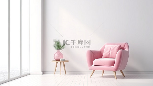 极简生活背景图片_现代客厅配有粉色布艺扶手椅，搭配白色木地板和墙壁，在令人惊叹的 3D 渲染中呈现极简主义风格