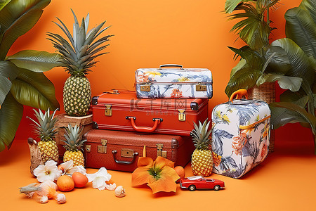 夏日色彩的配件和行李箱