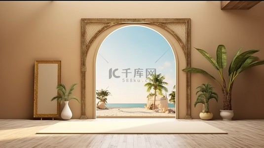 空白相框背景图片_令人惊叹的别墅，内部 3D 插图中设有空白相框装饰