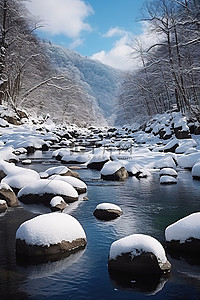 蓝天河上冰雪覆盖的岩石