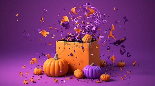 爆裂主图背景图片_礼品盒惊喜万圣节南瓜和五彩纸屑在紫色背景的 3D 渲染中爆裂
