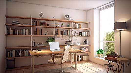 豪华办公桌背景图片_现代学习空间，配有功能性办公桌和时尚的书架 3D 渲染