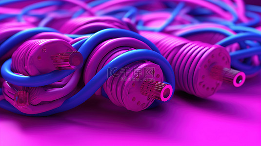 3D 渲染中蓝色背景上盘绕的紫红色电缆的集合