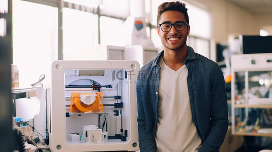 3D 打印机与咧着嘴笑的工程专业学生合影