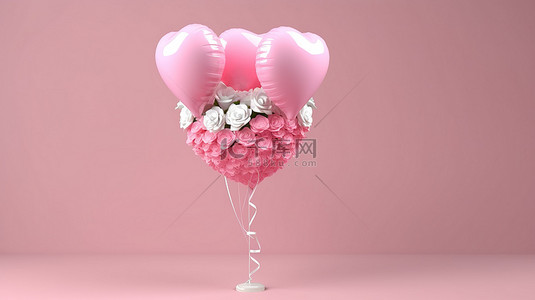 3D 景观中的心形气球和粉红玫瑰