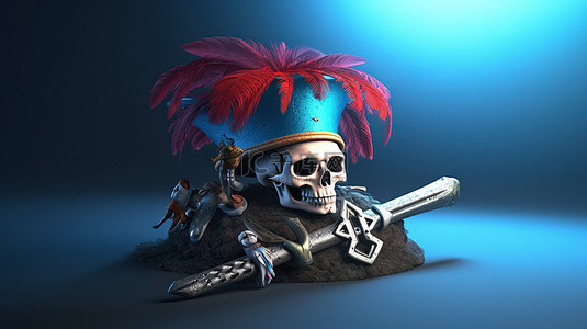 剑背景图片_海盗帽剑和头骨的 3D 渲染图像非常适合使用主题标签“piratelife”进行广告和营销