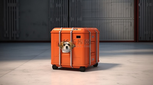 3D 渲染的动物运输容器，配有一只小狗