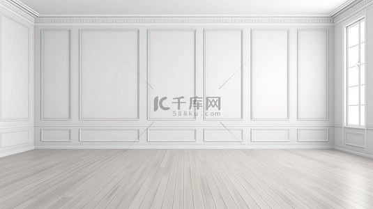 宽敞的房间设有彩绘墙壁和原始的白色木地板，栩栩如生的 3D 渲染