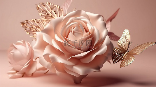 婚禮裝飾背景图片_3d 呈现抽象背景与精致的蝴蝶和玫瑰口音