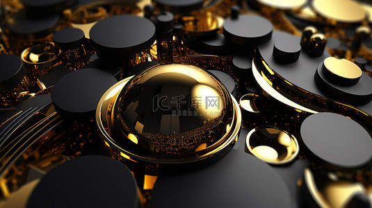 几何元素元素背景图片_3D 渲染的金色和黑色色调的抽象几何背景