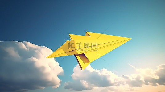 航空飞行背景图片_在蓝天背景下用白纸飞机飞行的黄色纸飞机的 3d 渲染