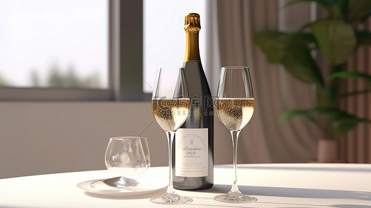 金酒杯背景图片_3D 渲染中的香槟瓶和两个眼镜样机海报