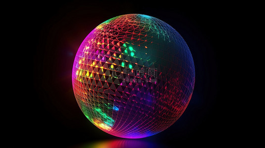 彩色的球背景图片_带有粒子和射线的 3D 彩色迪斯科球旋转