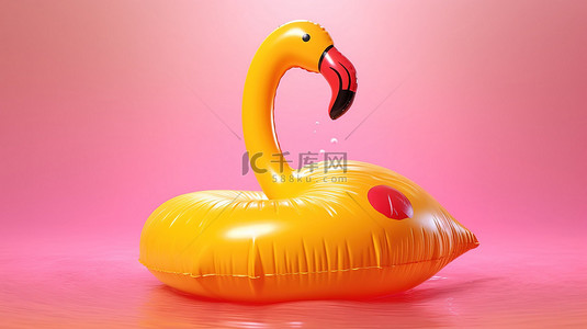 夏季游泳池中粉红色充气橡胶火烈鸟玩具在充满活力的黄色背景下的标题 3D 渲染