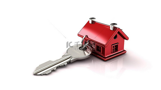 白色背景上带钥匙的房屋形状钥匙扣的 3D 渲染