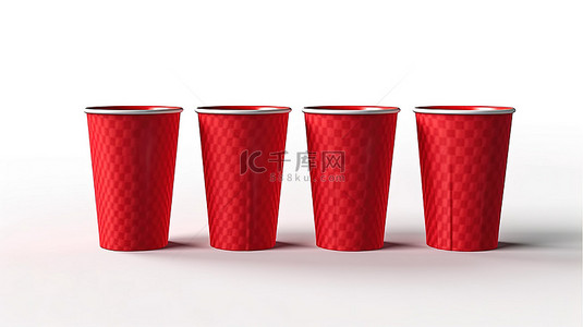 白色背景上的一组红色一次性饮料杯 3D 渲染纸杯
