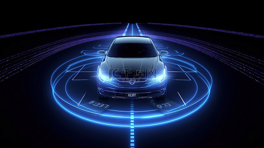 交通背景图片_高效的自动驾驶技术汽车顶视图，具有先进的障碍物检测 3D 插图，带有全息图和文本空间